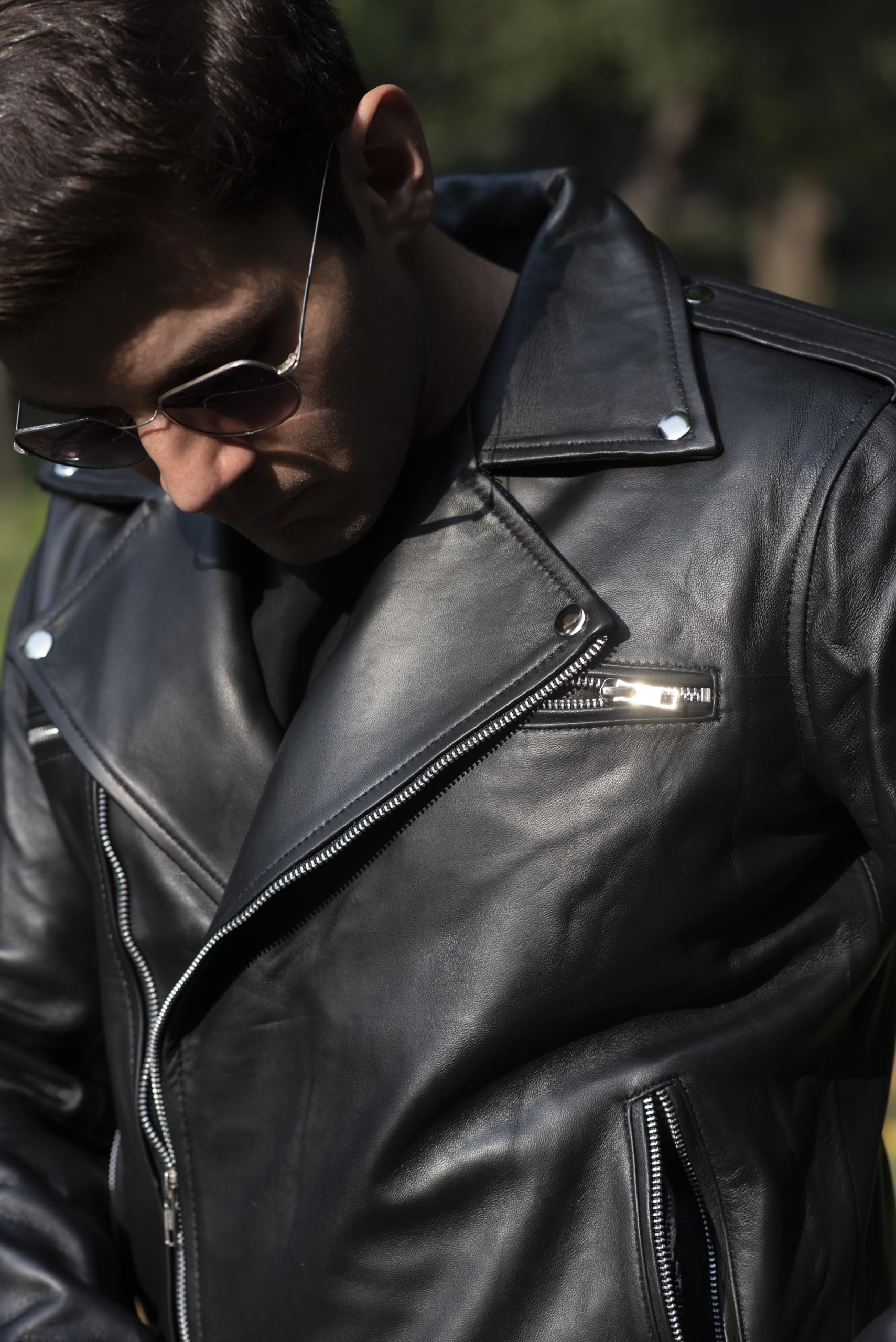 Premium Black Men's TLC Leather Biker Jacket with Notch Lapel Collar & Zipper Cuffs - Stylish Motorcycle Jacket for Riding, Casual Wear & Night Out