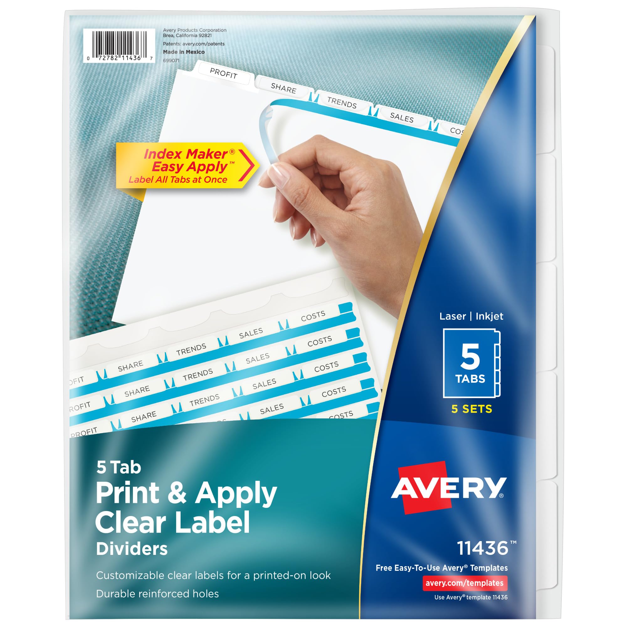 Avery 5-Tab Dividers for 3-Ring Binder - Customizable White Tabs with Clear Label Strips, Easy Print & Apply - 5 Sets (11436) - Perfect for Office Organization, School Binders, and Document Filing