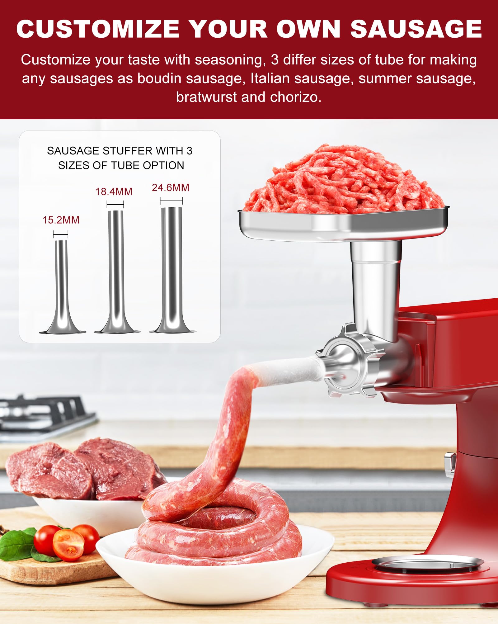 Stainless Steel Food Meat Grinder Attachment for KitchenAid Stand Mixers - 4 Blades & 3 Sausage Stuffer Tubes - Dishwasher Safe - Perfect for Homemade Burgers, Sausages & Pet Food