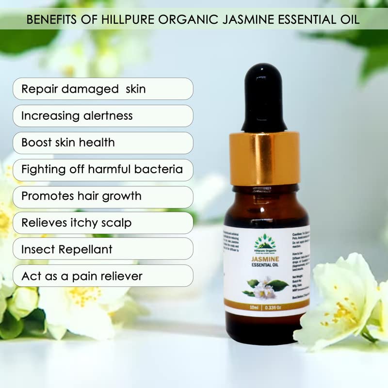 Organic Jasmine Essential Oil 10ml - 100% Pure & Natural for Hair, Skin & Aromatherapy | Relaxing Massage & Diffuser Use