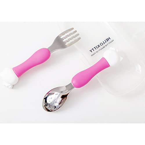 **CherryBox Pink Kitty Stainless Steel Kids Spoon & Fork Set with Storage Box (Dark Pink) - Perfect for School Lunches, Picnics, and Travel**