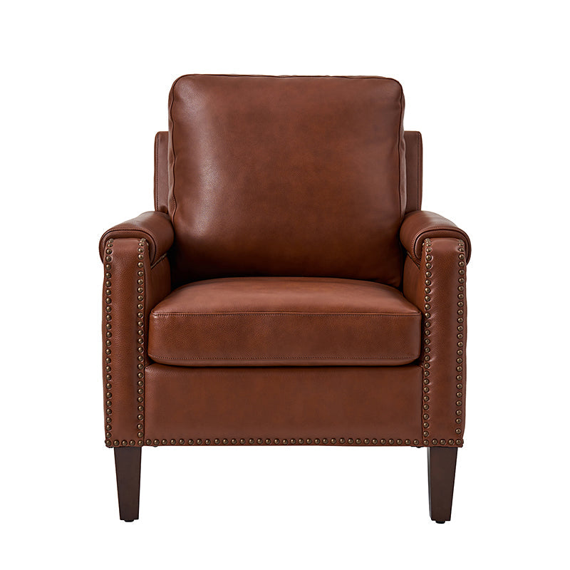 Nathaniel Transitional Style Genuine Leather Armchair - Premium Brown Leather Lounge Chair for Living Room, Office & Study - Comfortable Reading Chair with Padded Seat & Wooden Legs