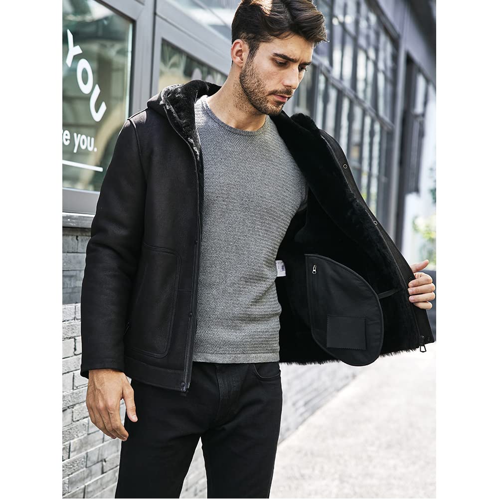 Denny&Dora Men's Shearling Jacket - Black Genuine Leather Coat with Warm Fur Lining | Winter Fashion Outerwear for Casual & Outdoor Activities