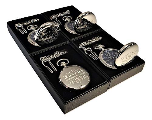 Personalized Engraved Pocket Watches for Men - Vintage Wedding Groomsmen Gifts with Stainless Steel Chain & Gift Box (Silver) - Perfect for Best Man, Father's Day & Anniversary Presents