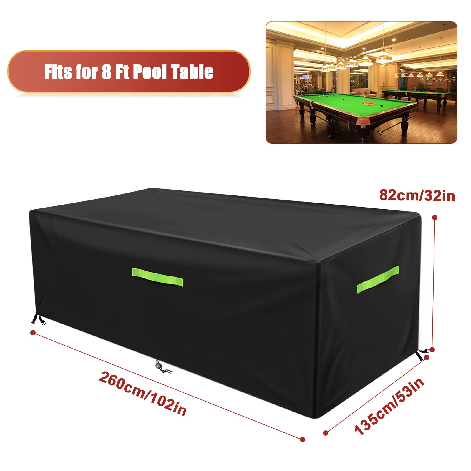 GEMITTO Waterproof Pool Table Cover with Handles, Buckles & Drawstring - Fits 7/8/9 FT Indoor/Outdoor Billiard & Snooker Tables (102x53x32 Inches, Black) - Perfect for Home Game Rooms, Bars & Outdoor Pool Table Protection