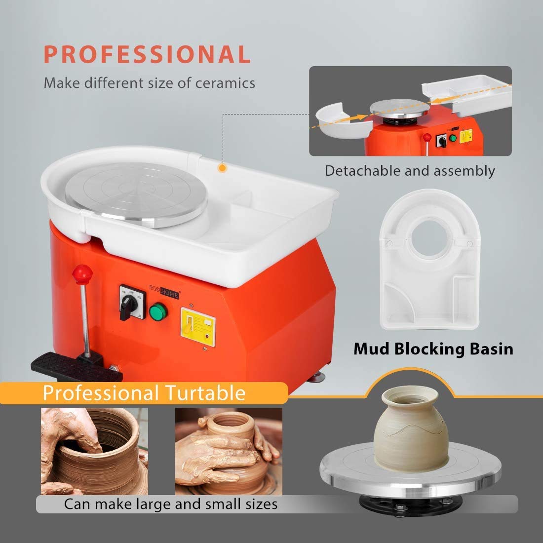 VIVOHOME 25CM 350W Electric Pottery Wheel with Foot Pedal & Detachable Basin - DIY Clay Tool for Ceramic Art, Pottery Making, Sculpting - Perfect for Beginners, Artists & Classroom Use (Orange)