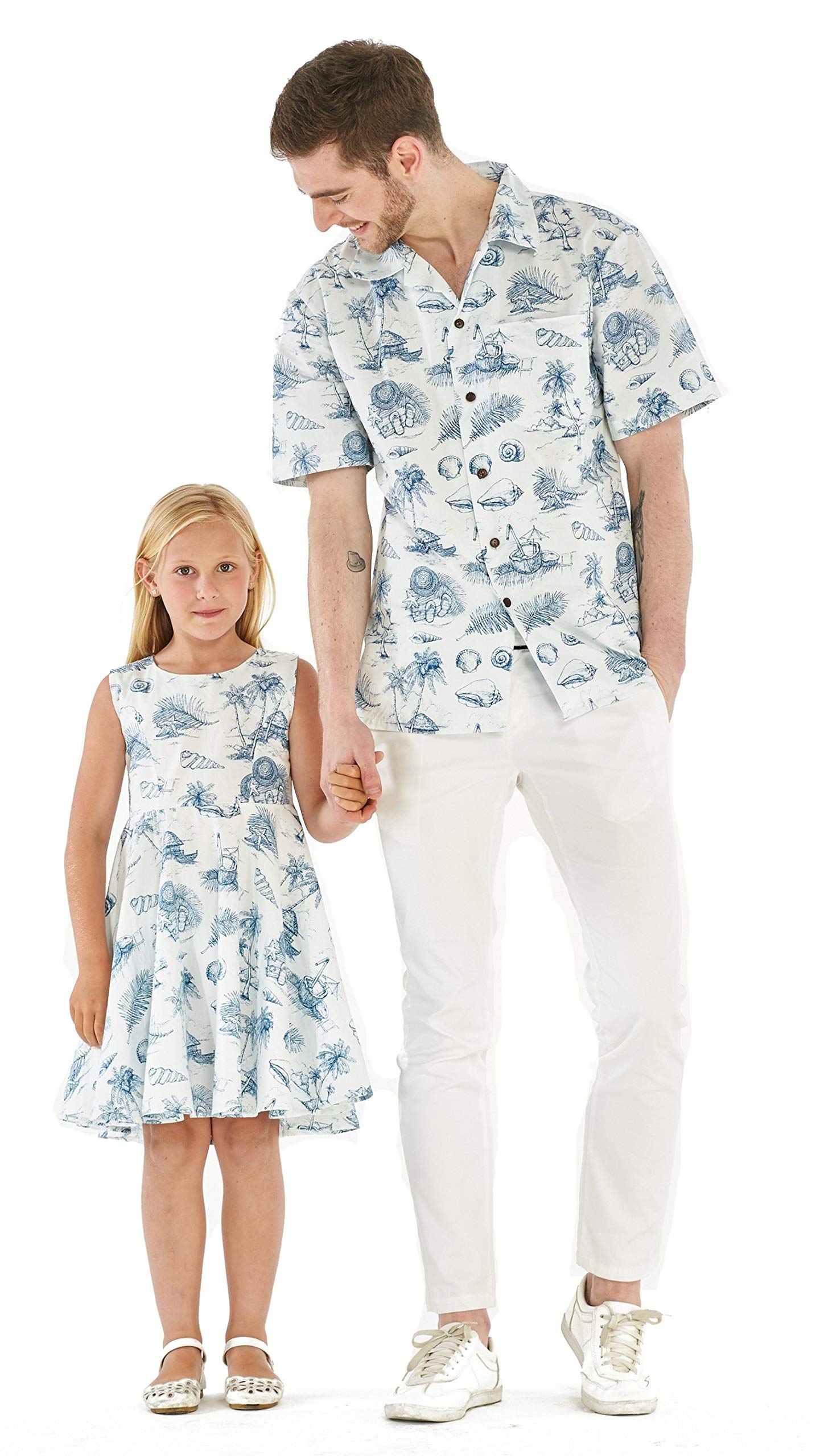 Vintage Matching Father Daughter Hawaiian Luau Dance Shirts & Dresses - Tropical Aloha Party Outfits for Father's Day, Family Reunions and Beach Vacations