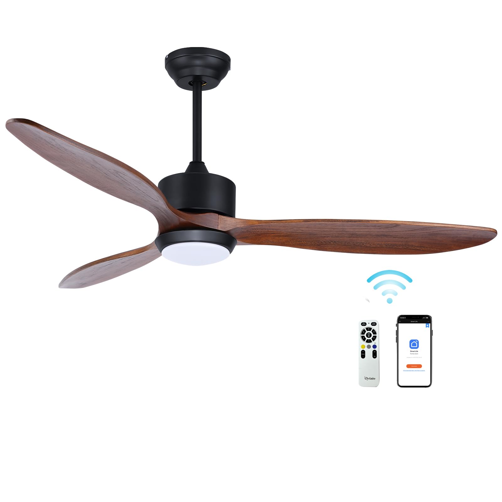 Ovlaim 52 Inch Smart Wood Ceiling Fan with Lights and Remote Control - 3 Blade Quiet DC Motor, High CFM, ETL Listed - Perfect for Bedroom, Living Room, Patio, Indoor and Outdoor Use