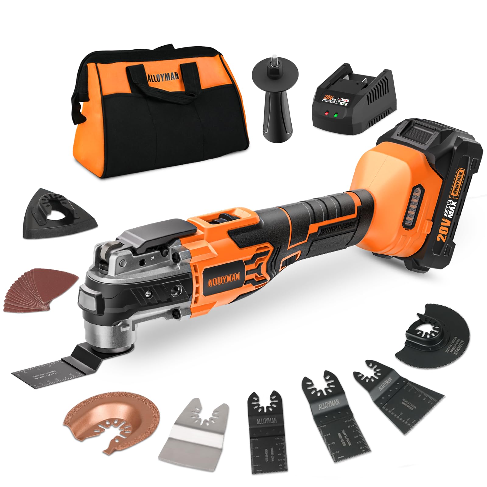 Alloyman 20V Cordless Brushless Oscillating Multi-Tool Kit - 19000OPM, 6-Speed Adjustable, Quick-Change Accessories, LED Light, 2000mAh Battery with 24-Piece Accessories for Cutting, Grinding, Sanding - Perfect for DIY Projects, Home Renovation, and Professional Woodworking