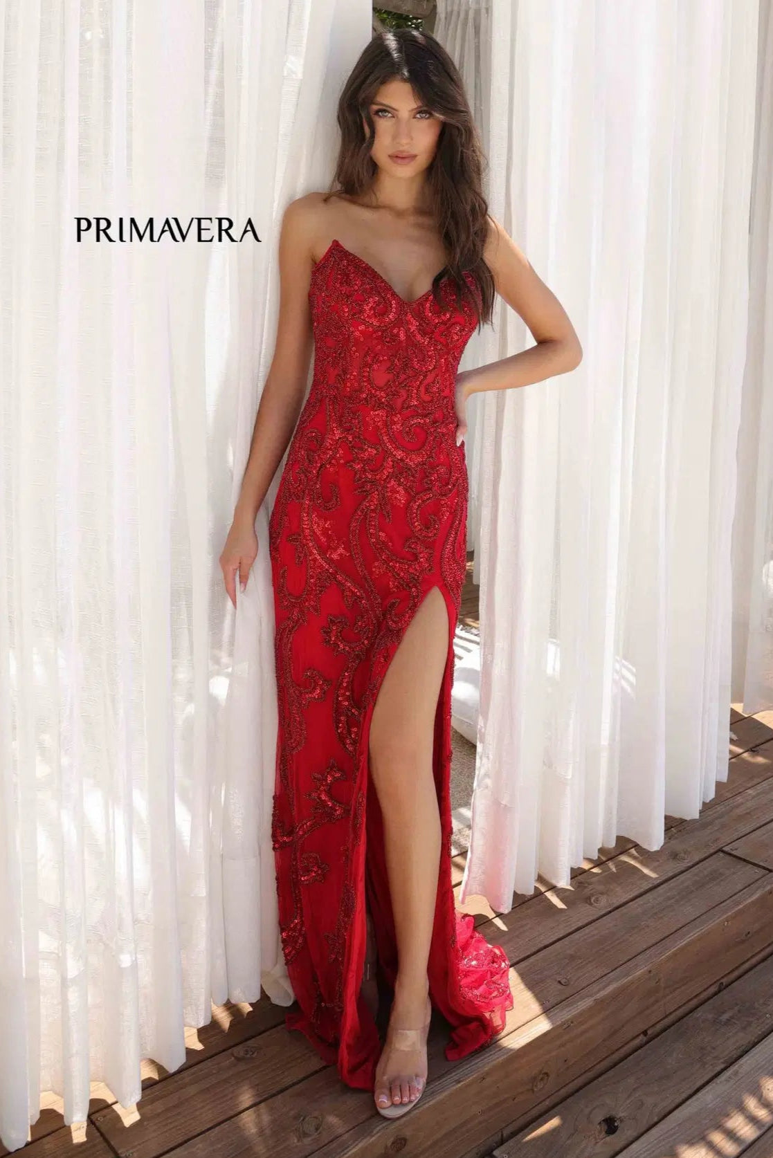 Primavera Strapless Beaded Fitted Evening Gown for Prom, Wedding & Formal Events - Elegant Beaded Embroidery Formal Dress