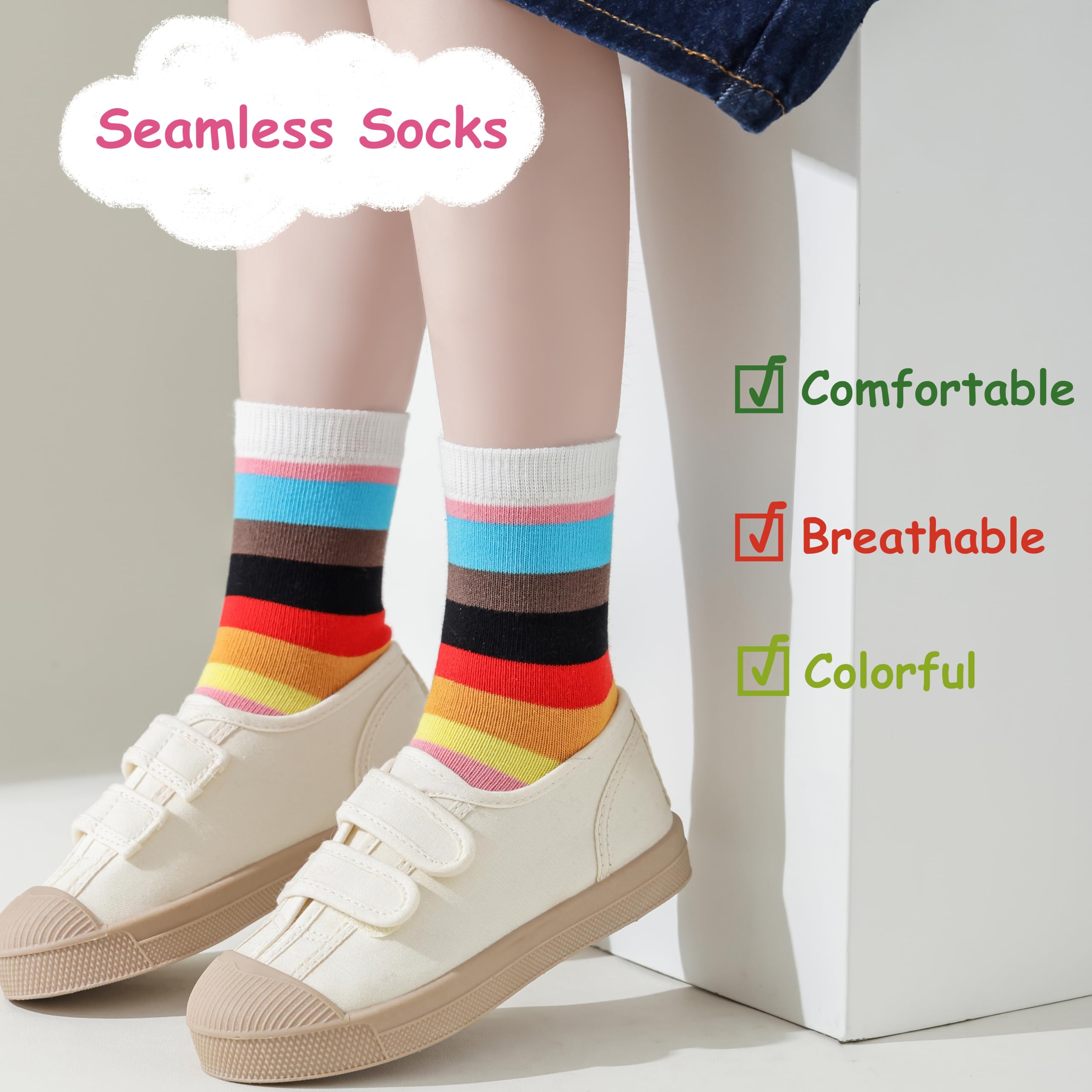 Marchare Girls Seamless Crew Cotton Socks - 5 Pack Rainbow Striped Casual Socks for Kids - Perfect for School, Play & Everyday Comfort