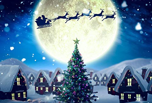 7x5ft Snowy Christmas Tree Photography Backdrop - Winter Village Scene with Santa Claus Sleigh & Reindeer for Xmas Party Decor, New Year's Eve Photo Booth Props, Wallpaper Background (Perfect for Holiday Photos, Social Media Content & Festive Events)