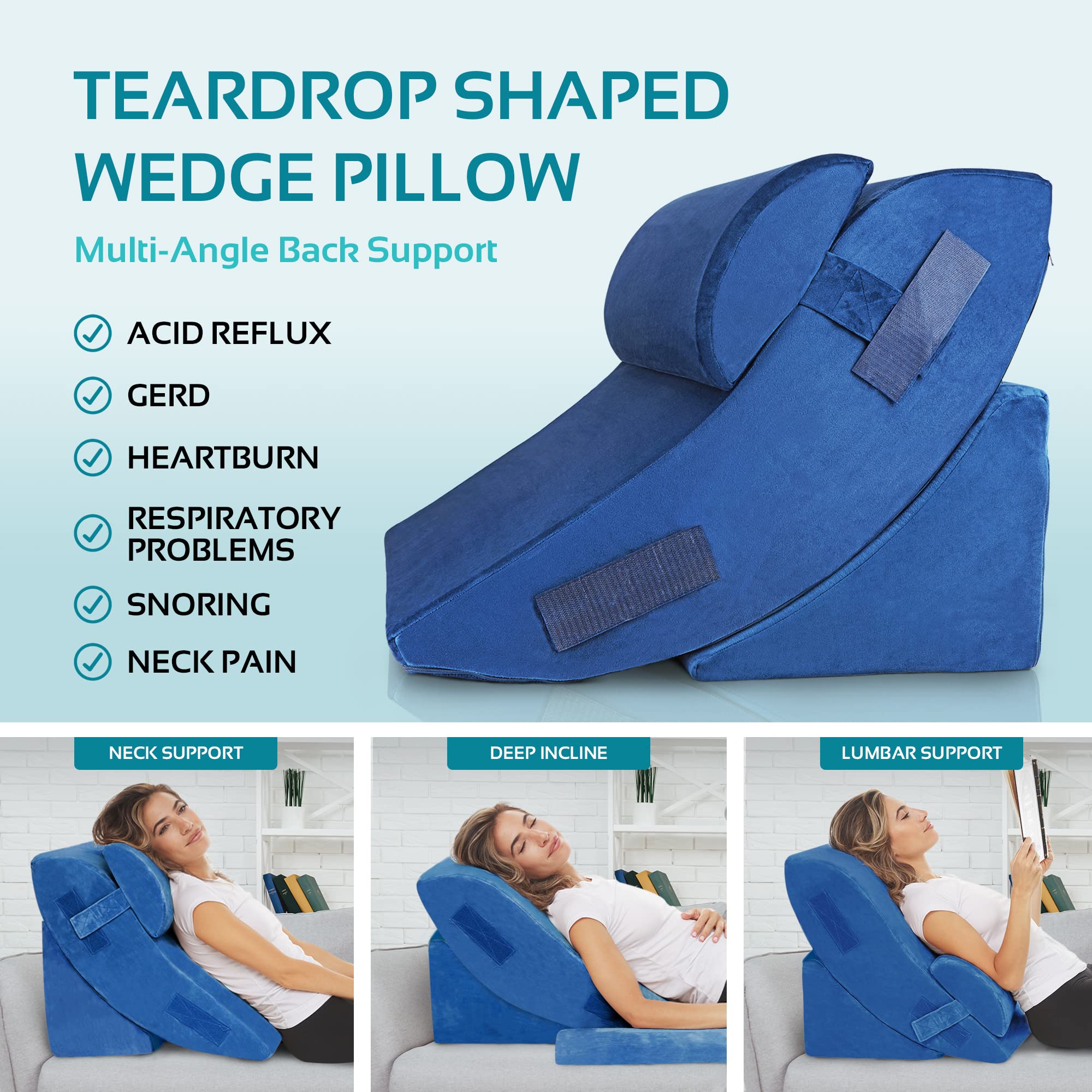 AllSett Health 4-Piece Orthopedic Bed Wedge Pillow Set with Memory Foam - Multi-Angle Support for Back, Neck, Shoulder & Leg Pain Relief - Machine Washable Cover - Perfect for Sleeping, Reading & Post-Surgery Recovery