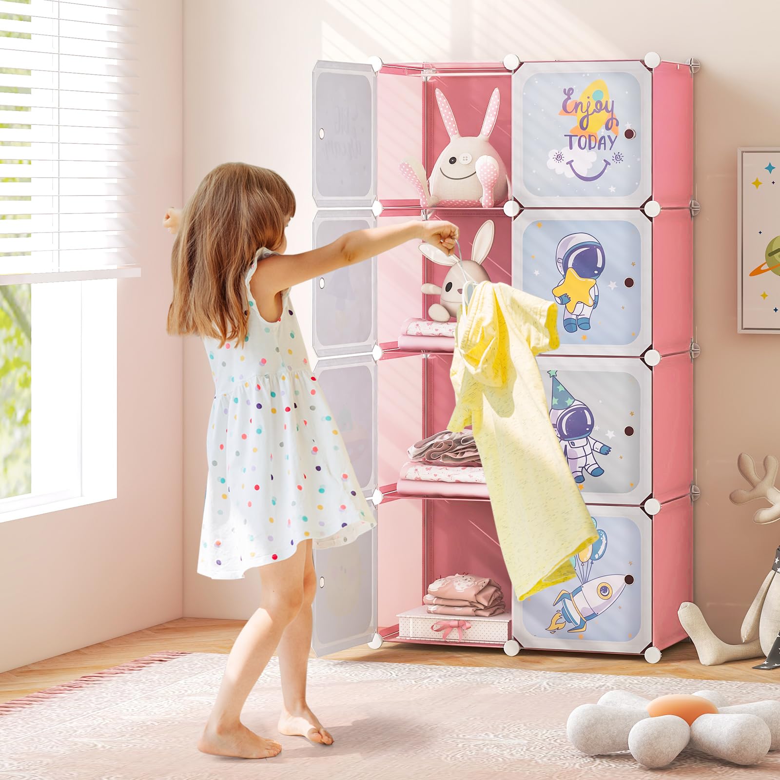 INFANS Kids Wardrobe & Closet Organizer - Portable Baby Dresser with 12 Storage Cubes & 2 Hanging Sections for Nursery, Bedroom (Pink, 8 Cubes) | Perfect for Toddler Clothes Storage, Toy Organization & Nursery Decor