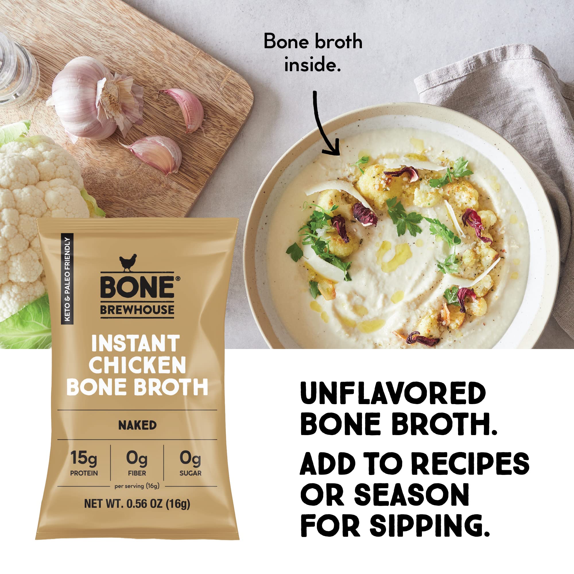Bone Brewhouse Chicken Bone Broth Protein Powder - Unflavored, Keto & Paleo Friendly, 10g Protein, Natural Collagen, Gluten-Free - 5 Packets for Instant Soup, Post-Workout Recovery & Healthy Lifestyle