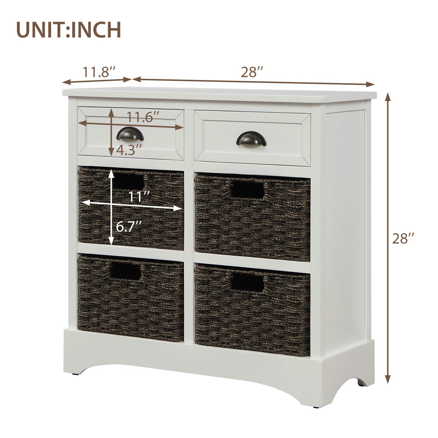Vintage Storage Chest with Rattan Baskets - Kitchen & Living Room Organizer (White)