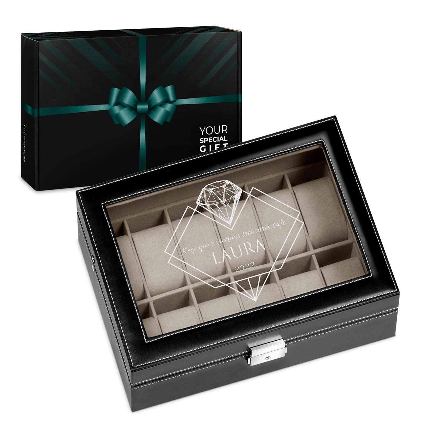 Maverton Watch Organizer Box for 12 Watches - Personalized Jewelry Storage Case with Custom Engraving - Elegant Watch Display Box for Women - Perfect Birthday Gift for Her - Great for Watch Collectors & Fashion Lovers - Ideal for Home Decor, Travel & Gift Giving