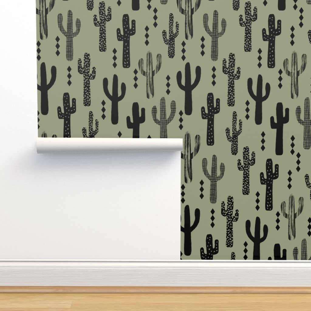 12ft x 2ft Removable Cactus Dark Green Wallpaper - Pre-Pasted Nursery Decor for Baby Boy Room, Kids Bedroom & Southwest Style Home | Easy Peel & Stick Application