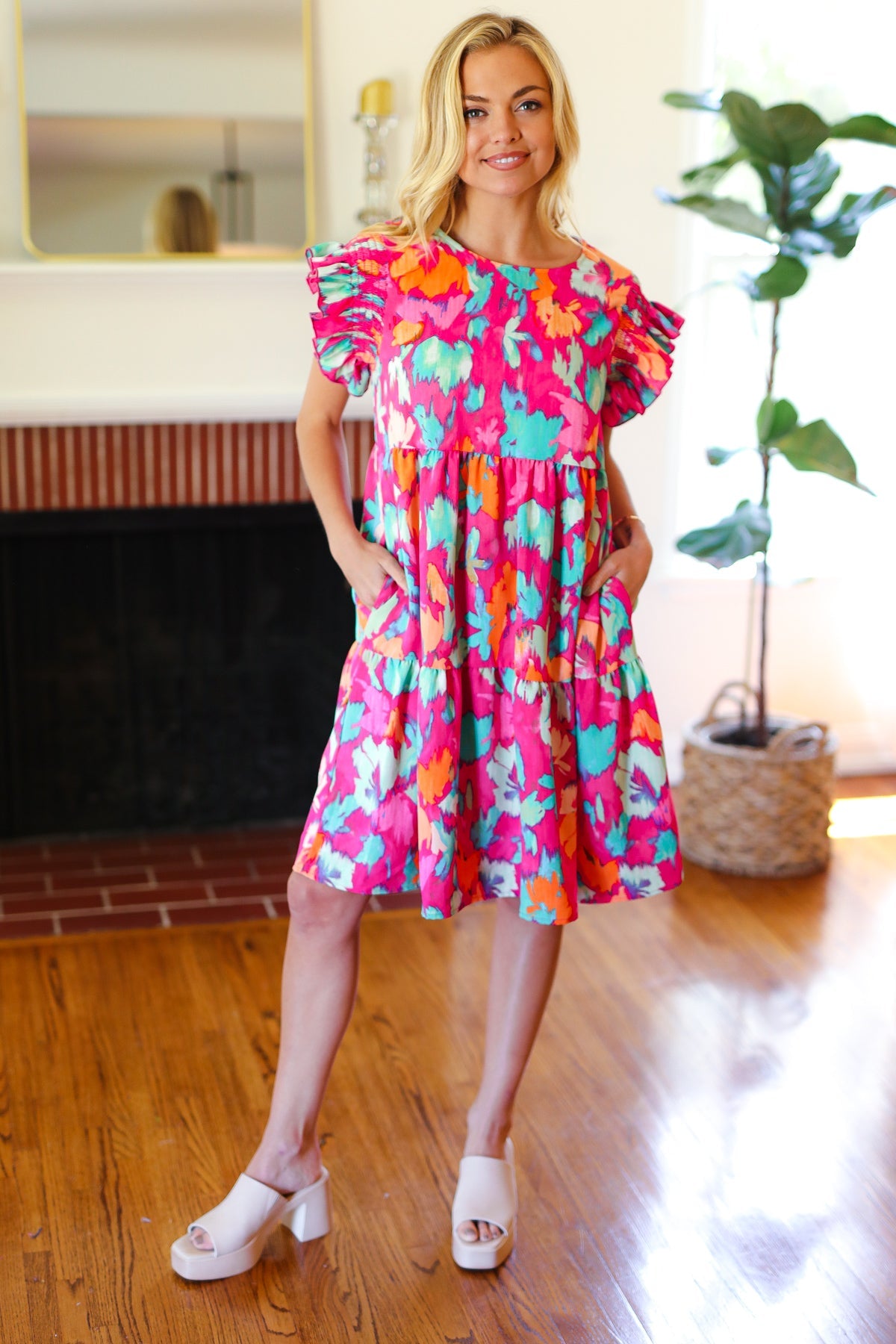 Look of Love Fuchsia Abstract Floral Print Smocked Ruffle Sleeve Dress - Elegant Women's Party & Wedding Guest Dress for Special Occasions