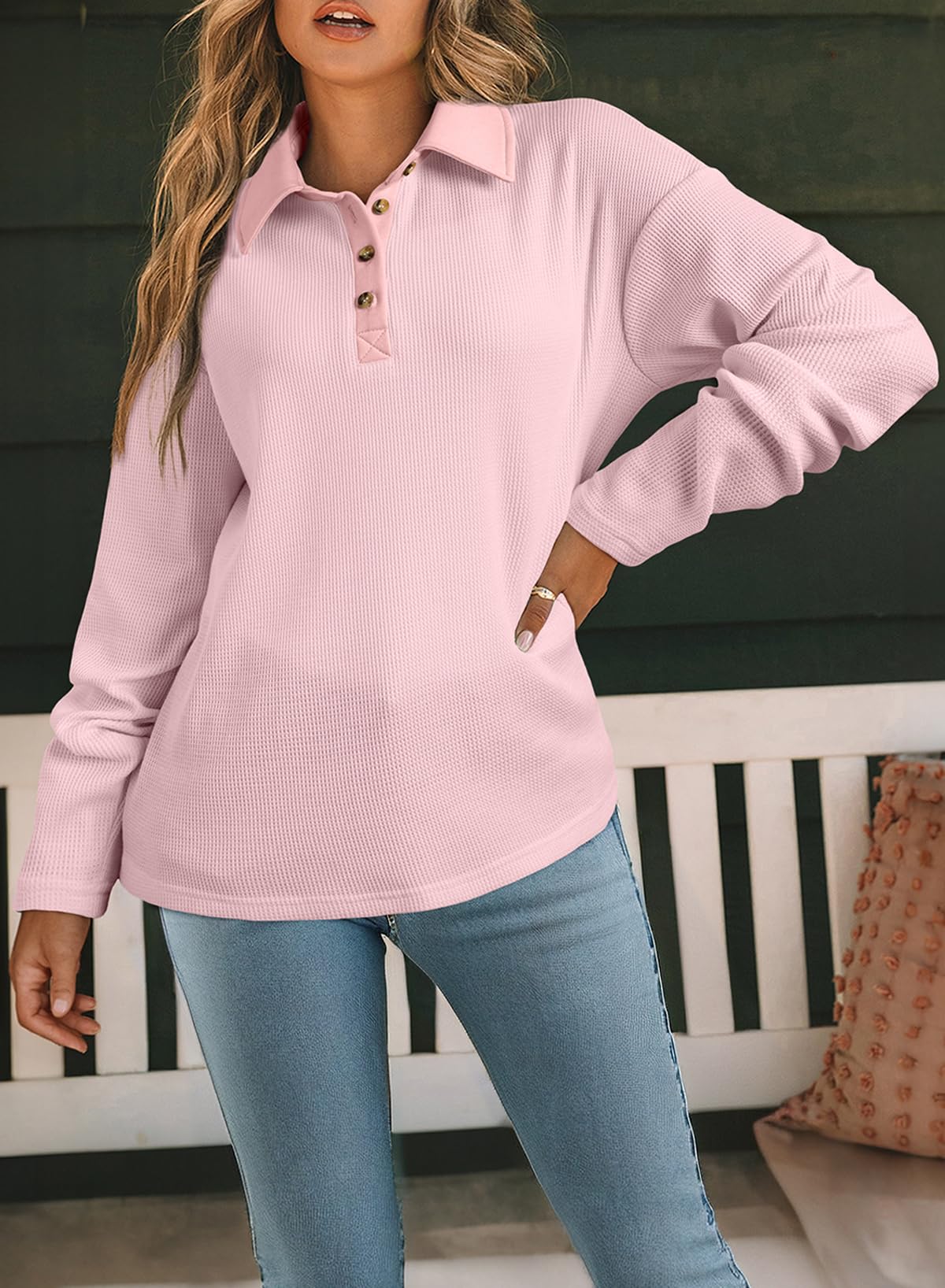 **SHEWIN Women's Casual Waffle Knit Polo Shirt - Long Sleeve V-Neck Collared Button-Up Tunic Top for Work, Office & Everyday Wear**