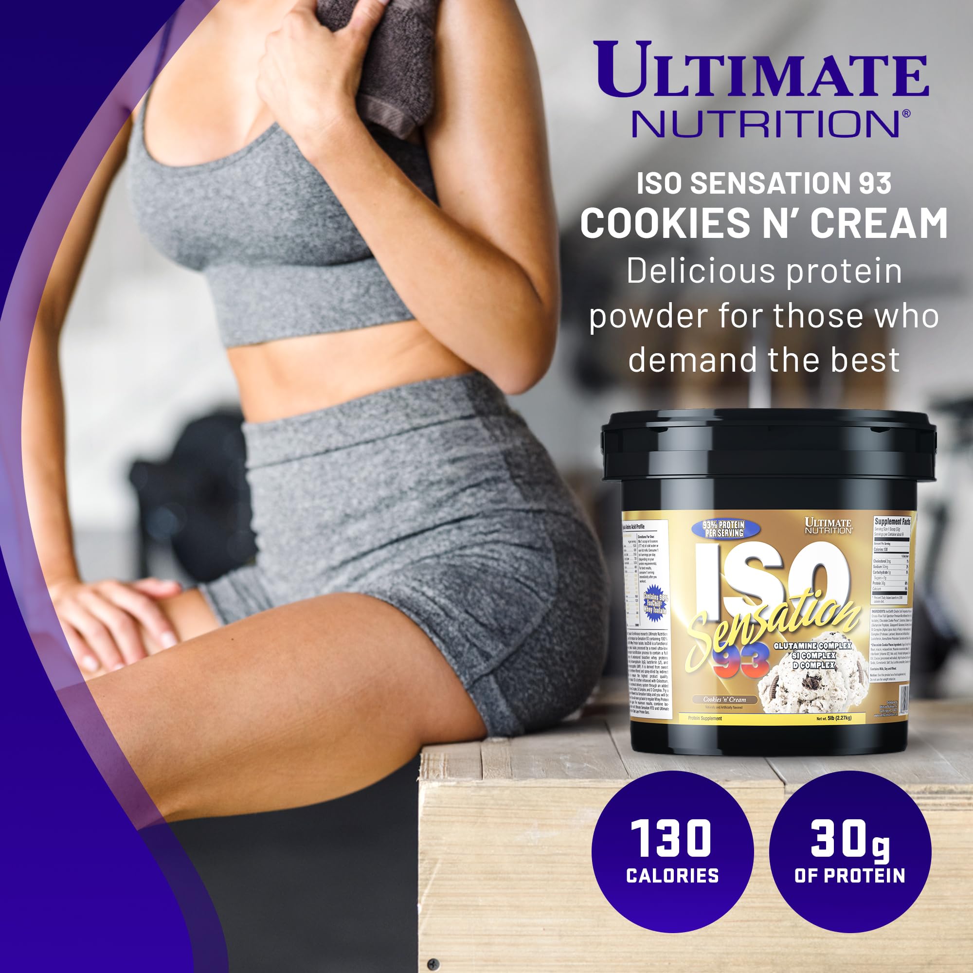 Ultimate Nutrition Whey Protein Isolate Powder with Glutamine Complex - ISO Sensation 93 for Enhanced Recovery, Immunity & Gut Health - Cookies N Cream Flavor, 5lbs - Perfect for Post-Workout, Muscle Building & Healthy Digestion