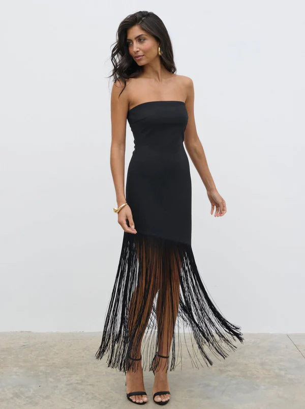 Eliana Bandeau Asymmetric Fringed Dress - Black | Women's Boho Chic Party Outfit for Summer Beach & Night Events