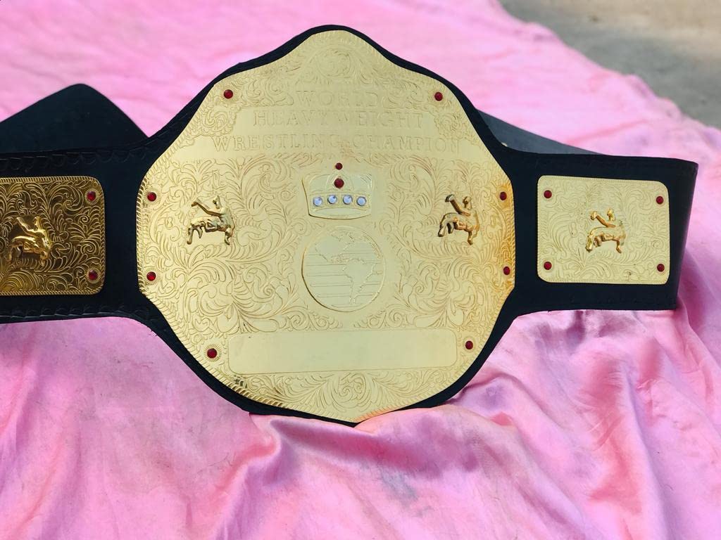WWF Big Gold World Heavyweight Championship Wrestling Replica Belt - 2mm Gold Plated Brass, Black Leather Strap - Perfect for Cosplay, Collectors & Wrestling Fans