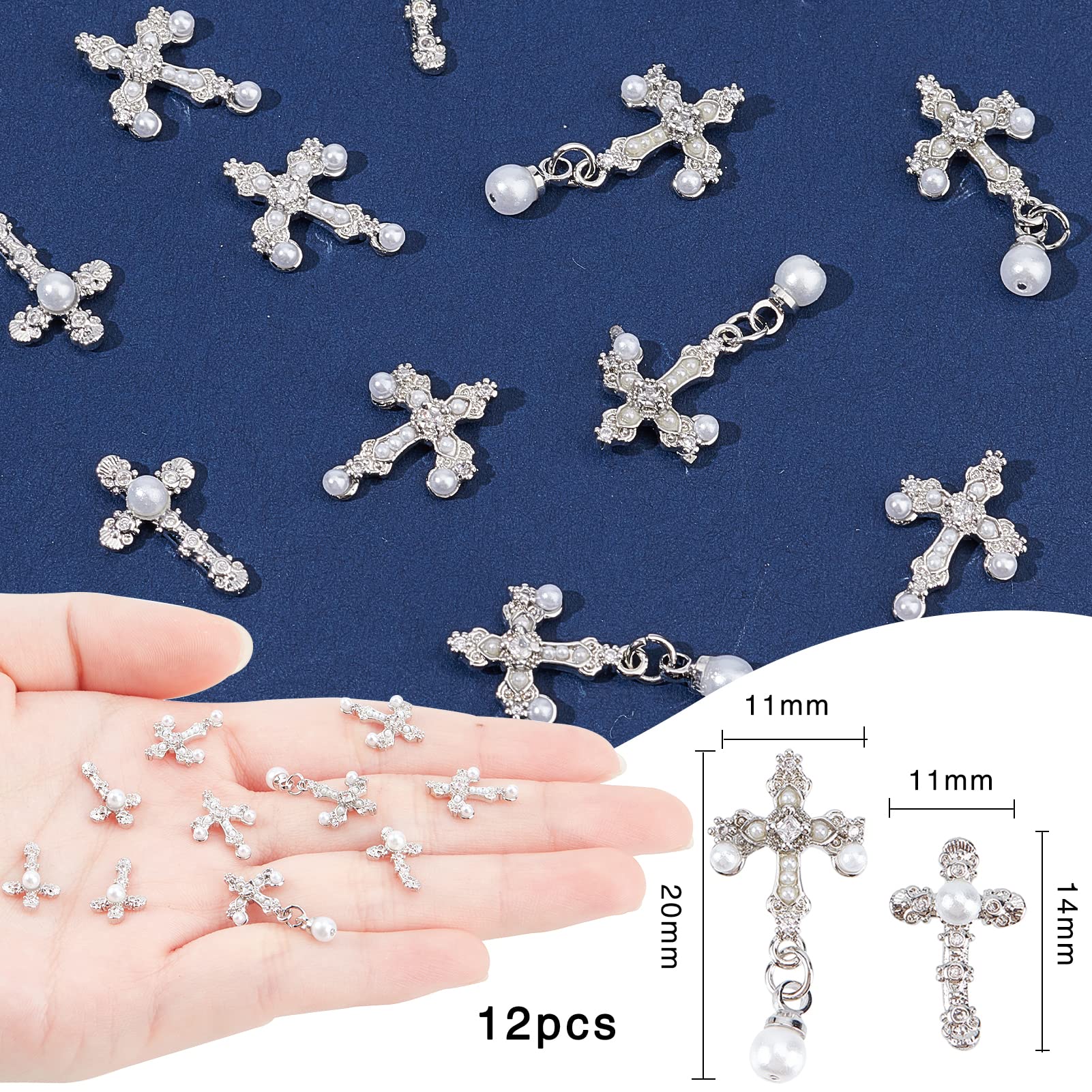 12Pcs 3D Cross Nail Art Charms Kit with Pearls - Mixed Size Antique Style Nail Rhinestones for Women & Girls (Silver) | Perfect for Nail Decorations, DIY Nail Art Designs, and Special Occasion Manicures