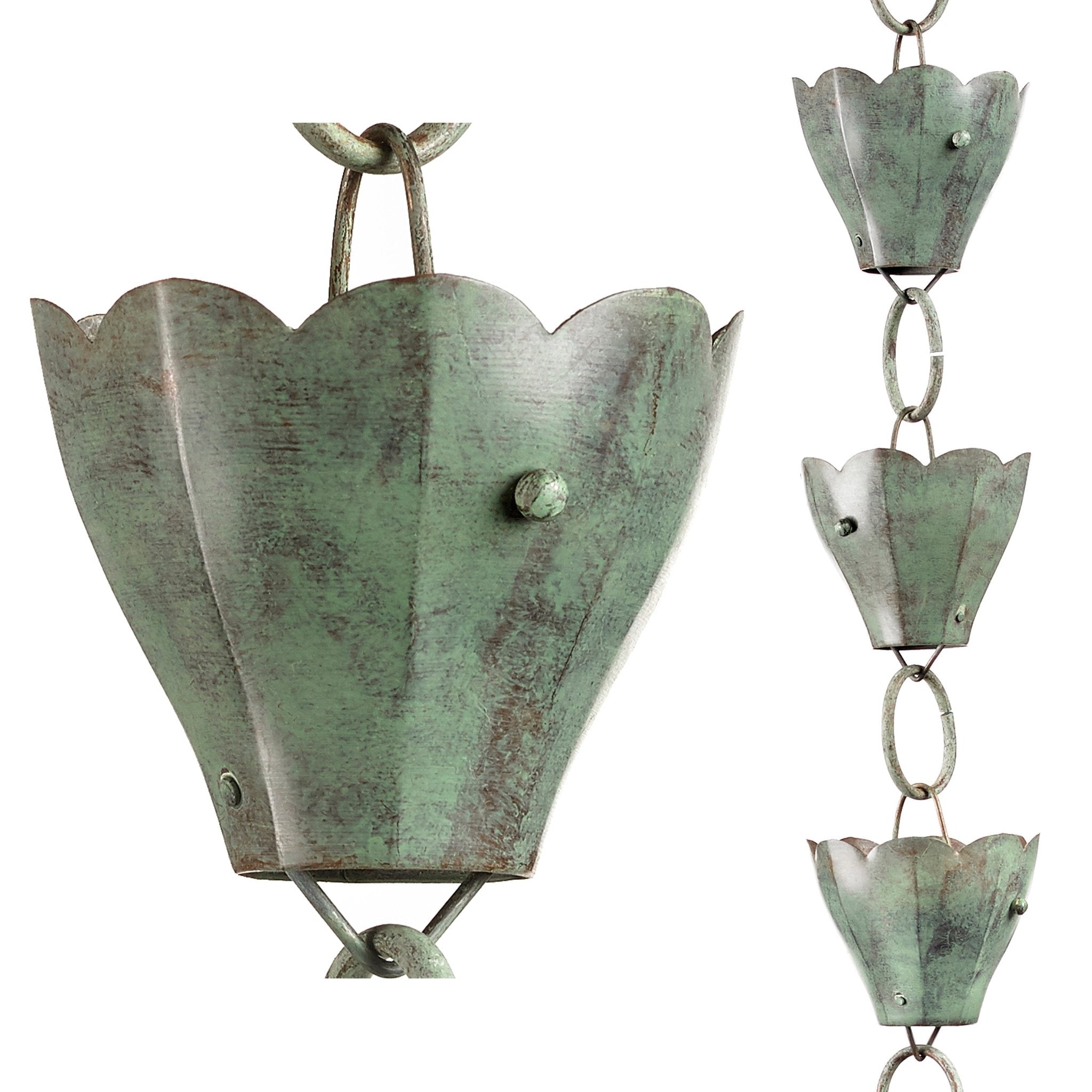 Tulip Rain Chain Verde - 8.5 ft Decorative Garden Water Chain with 13 Large Cups | Perfect for Downspout Drainage, Patio Decor & Japanese-Style Landscaping