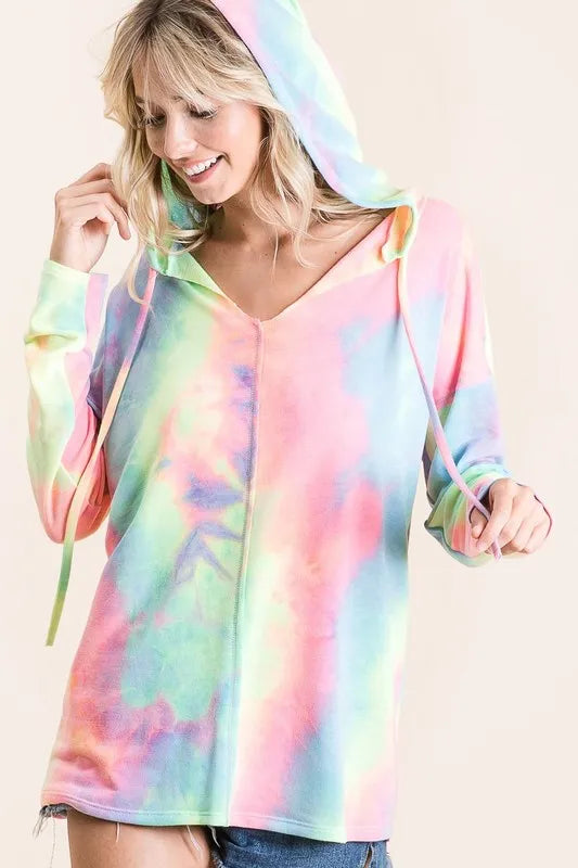 BiBi Tie Dye Terry Long Sleeve Hoodie for Women - Soft Cotton Pullover Sweatshirt with Kangaroo Pocket | Perfect for Casual Wear, Lounge, Yoga & Outdoor Activities