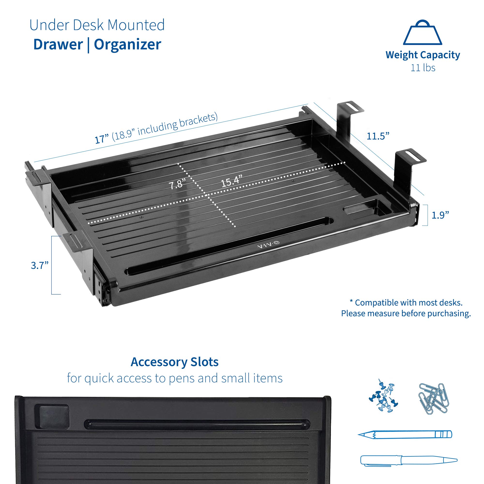 VIVO 17 Inch Under Desk Slide-Out Pencil Drawer Organizer - Slim Black Storage Tray for Home Office, Study, or Workspace - Fits Under Most Desks (Model DESK-AC04D) - Perfect for Pens, Markers, Sticky Notes & Office Supplies
