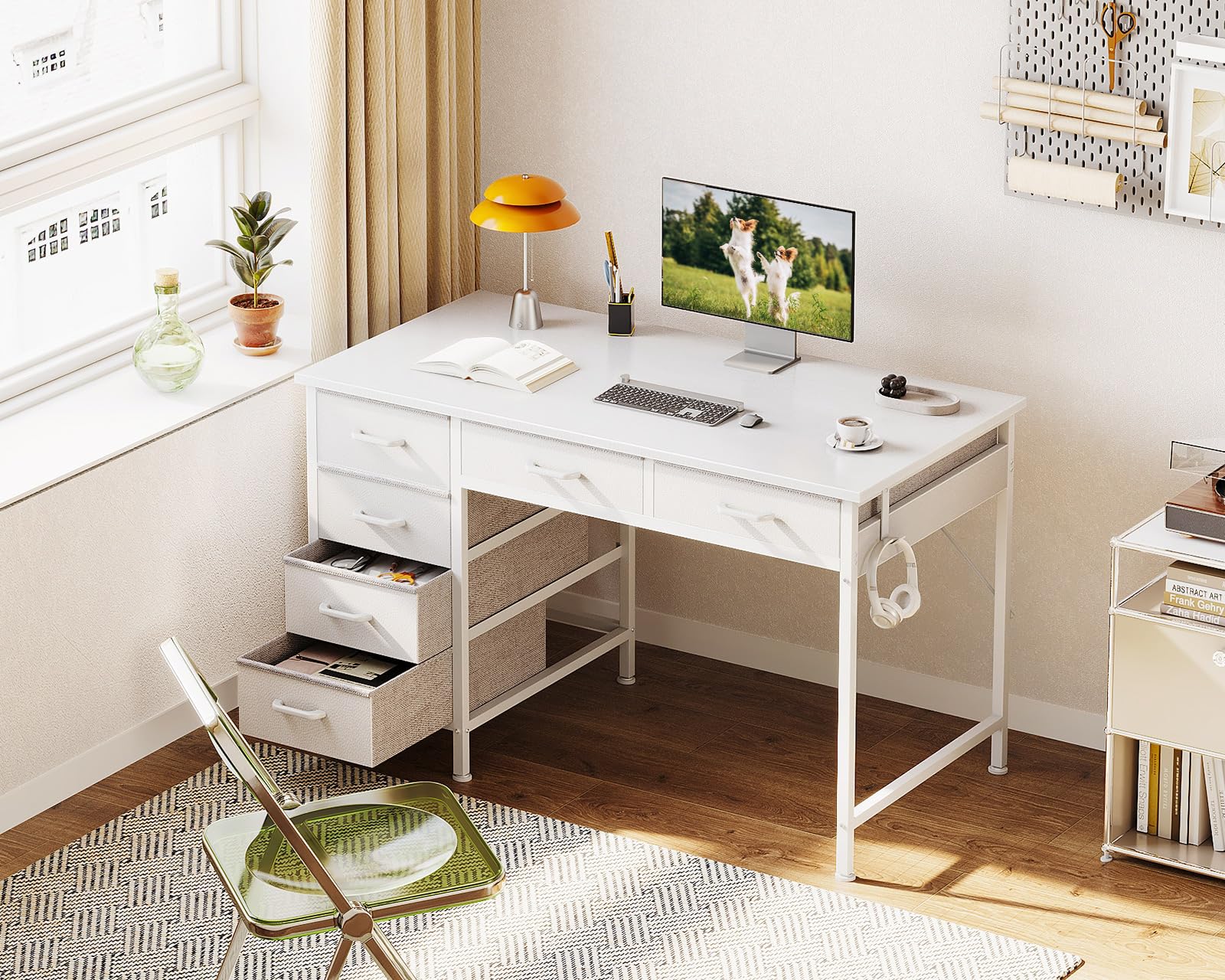 ODK 40 Inch Computer Desk with 6 Storage Drawers, Reversible Small Office Desk with Headphone Hook - White Study Table for Home Office, Bedroom & Small Spaces - Perfect for Remote Work, Gaming & Online Learning
