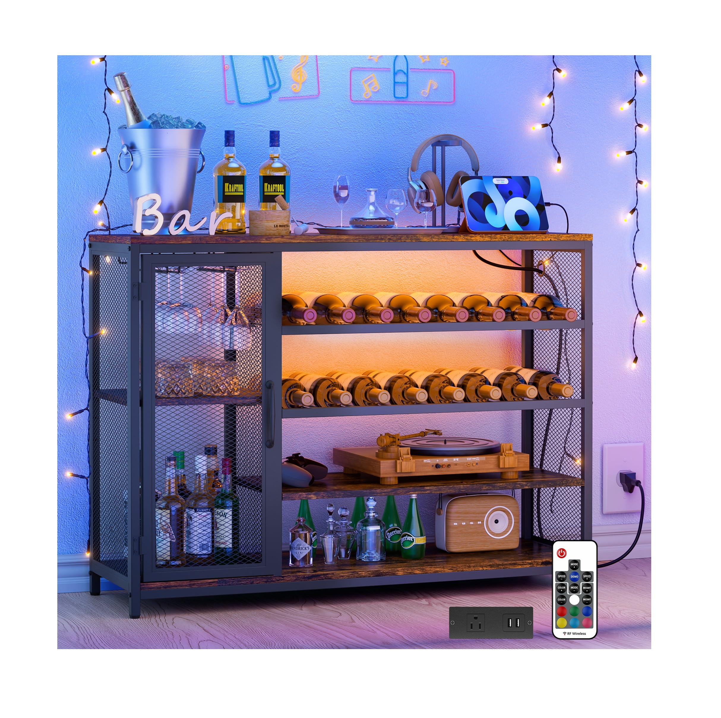 Dimmable LED Bar Cabinet with Charging Station - Rustic Brown Wine Liquor Cabinet with Shelving & Glass Holders for Living Room, Dining Room | Perfect for Home Entertaining, Parties & Relaxing Nightcaps