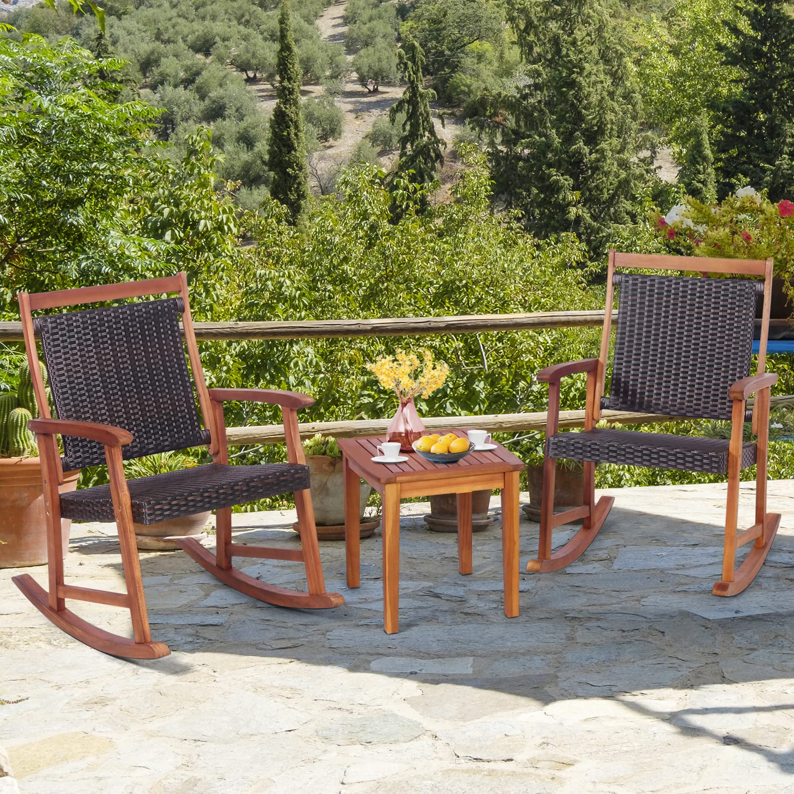HAPPYGRILL 3-Piece Acacia Wood Rocking Bistro Set with Rattan Wicker Coffee Table - Patio Rocking Chairs & Conversation Set for Garden, Porch, Backyard - Perfect for Outdoor Relaxation & Entertaining