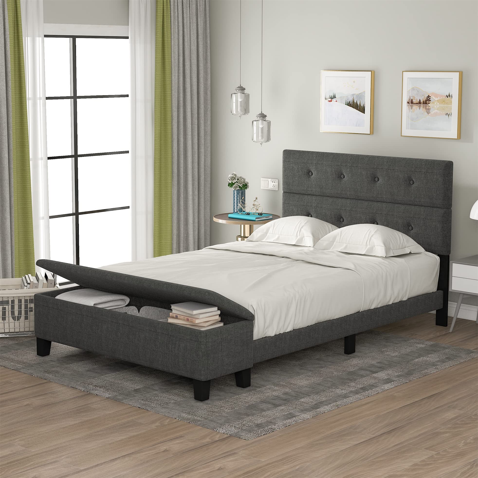 MERITLINE Upholstered Full Platform Bed Frame with Storage Drawers & Tufted Headboard - No Box Spring Needed - Gray Full Size Bed for Modern Bedrooms, Guest Rooms & Small Spaces