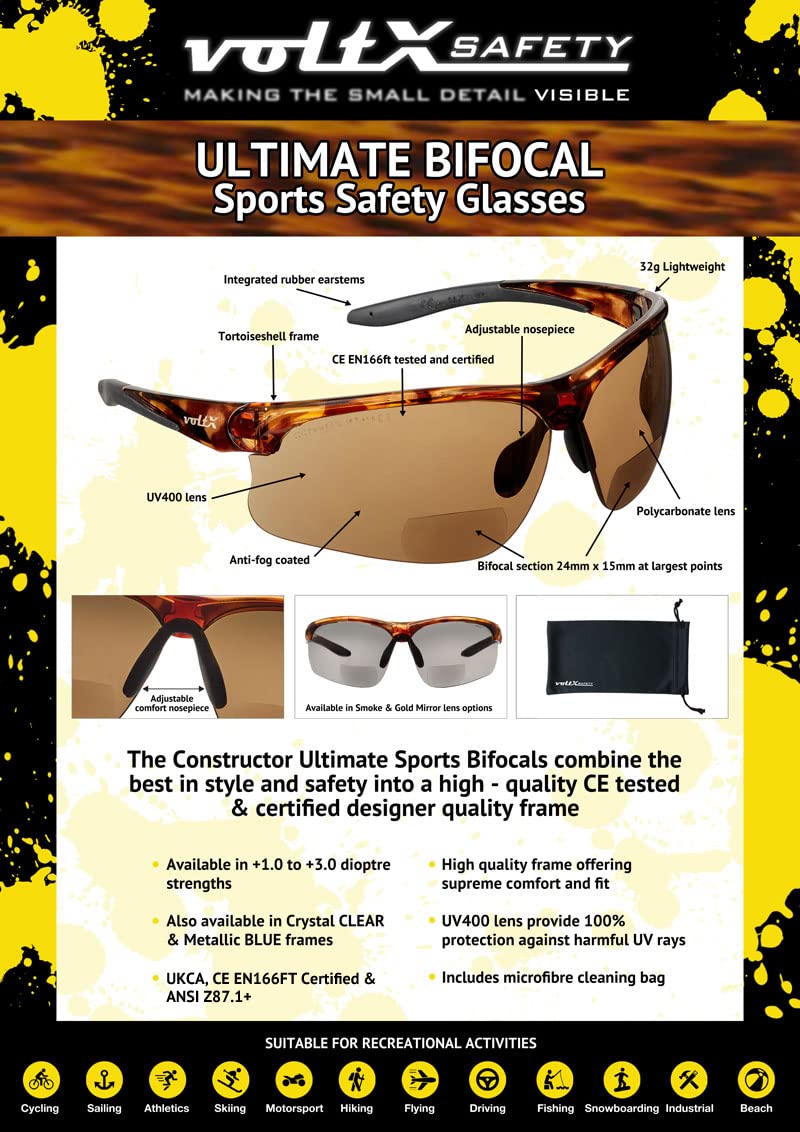 VoltX 'CONSTRUCTOR ULTIMATE' Bifocal Reading Safety Glasses - Tortoise Frame with Gold Mirror Lens +2.0 Diopter - CE EN166FT Certified Anti-Fog UV400 Protection - Premium Cycling & Sports Eyewear for Construction, Woodworking, and Outdoor Activities