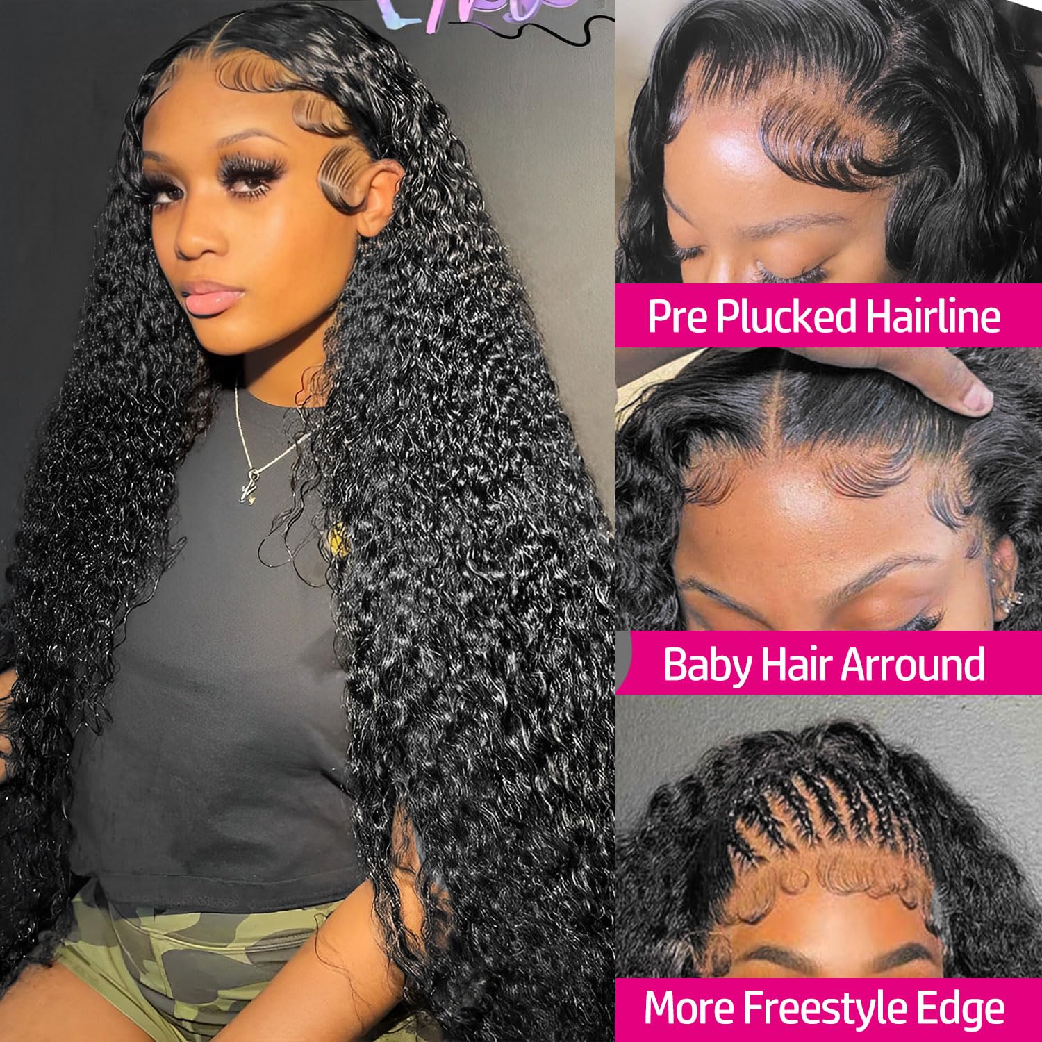 13x4 Deep Wave Lace Front Wigs Human Hair - 180% Density 26 Inch Glueless HD Transparent Lace Frontal Wig with Baby Hair & Pre-Plucked Hairline for Women | Natural Black | Perfect for Daily Wear, Cosplay & Special Occasions