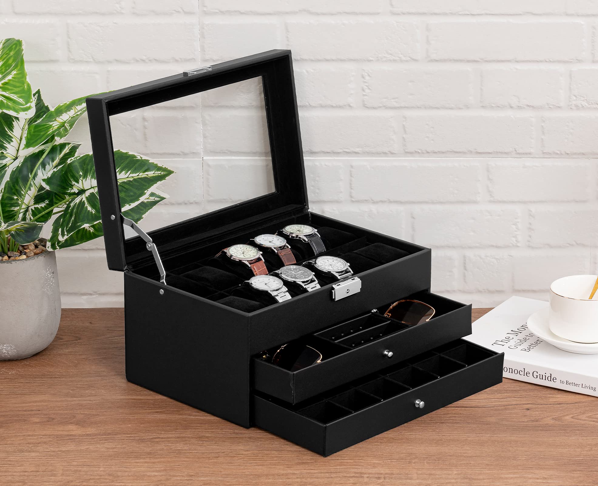 Premium PU Leather Jewelry Box & Watch Organizer - 3-Layer Wooden Storage Case for Men & Women - Perfect for Display, Travel, and Business Gifts (Black)