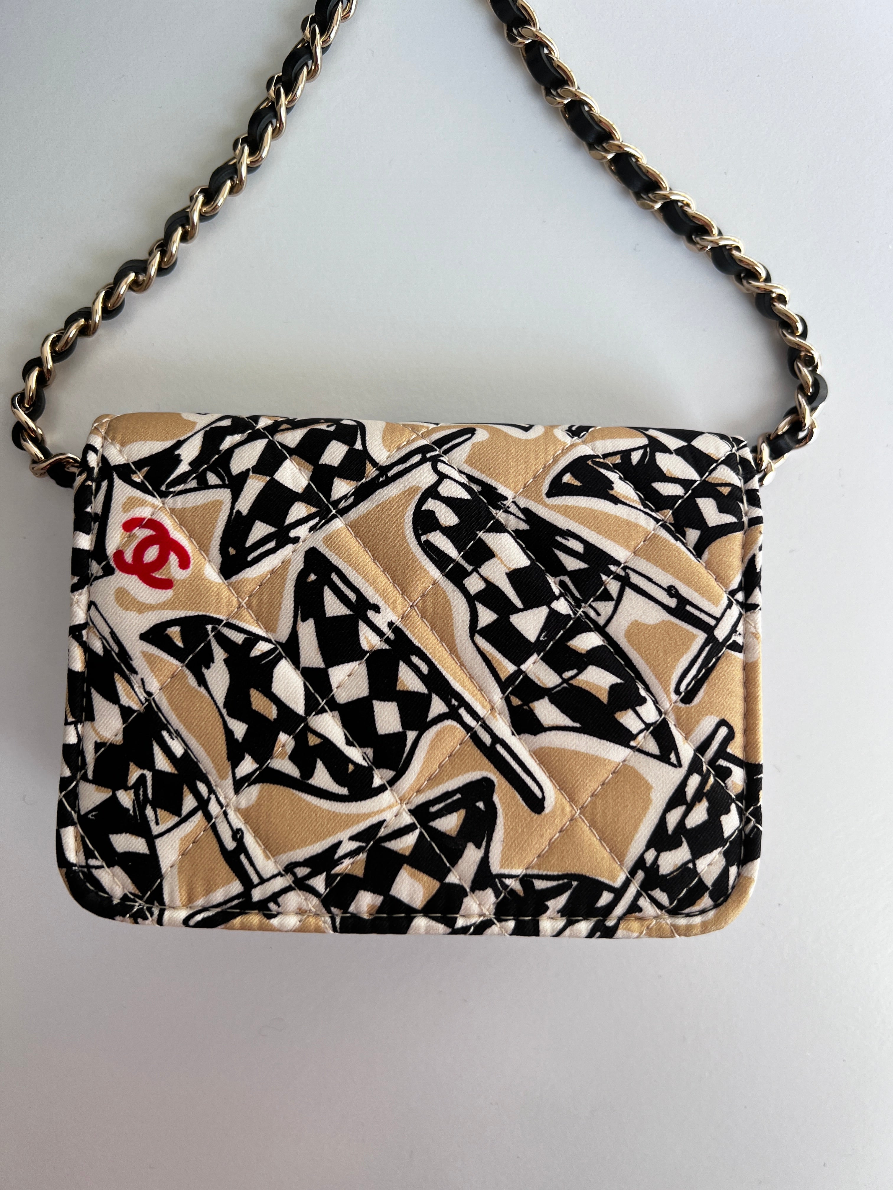 Chanel Earend Checkered Flag Print Mini Chain Shoulder Bag 2022 - Beige, Black & Gold | Luxury Crossbody Purse for Women, Perfect for Parties, Date Nights & Special Occasions