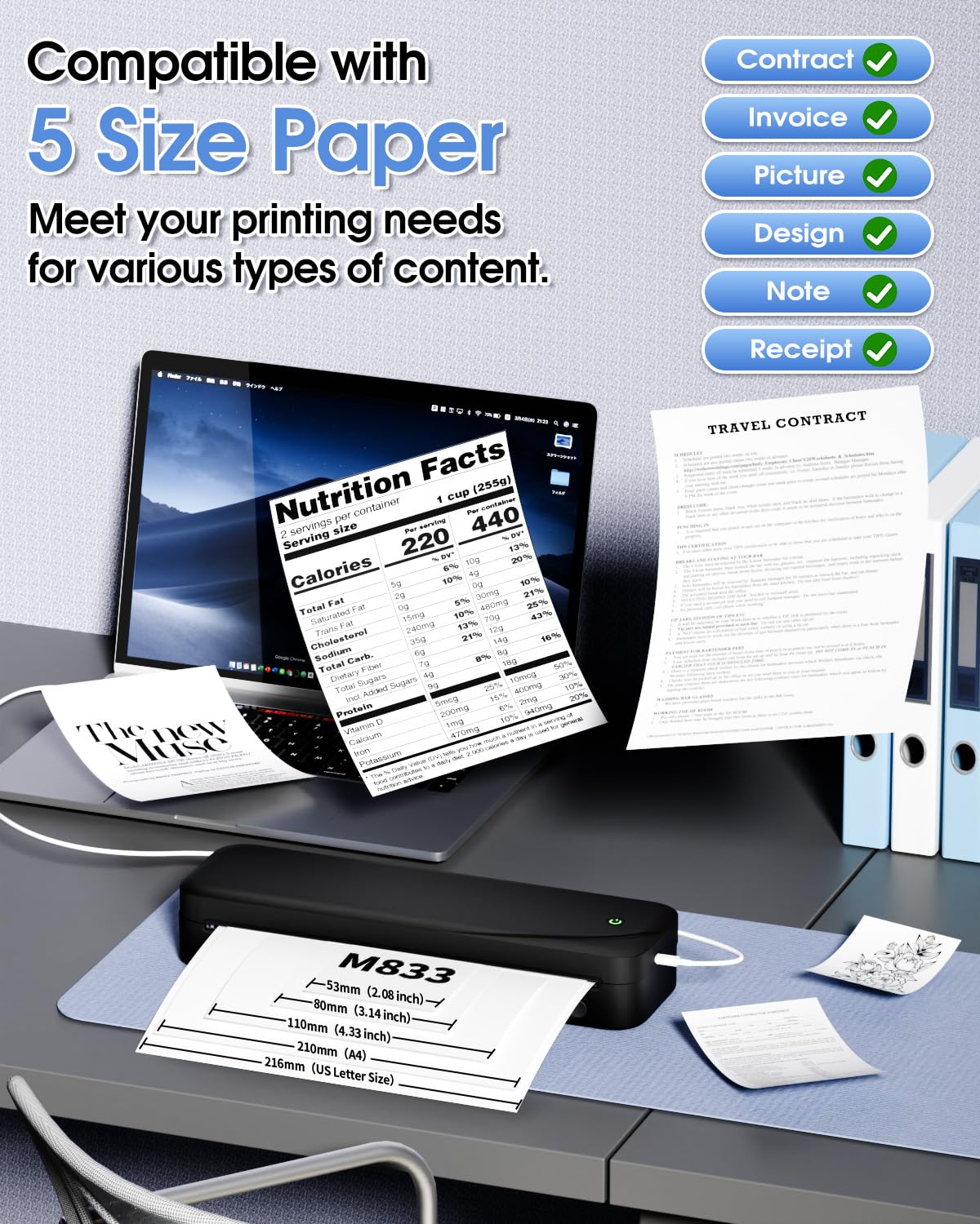 Memoqueen M833 Portable Wireless Thermal Printer - Bluetooth Inkless Printer for Travel, Office & Home, Compatible with 8.5''x11'' US Letter & A4 Paper, Works with Phone & Laptop - Perfect for Business Trips, School Projects & Home Office Printing