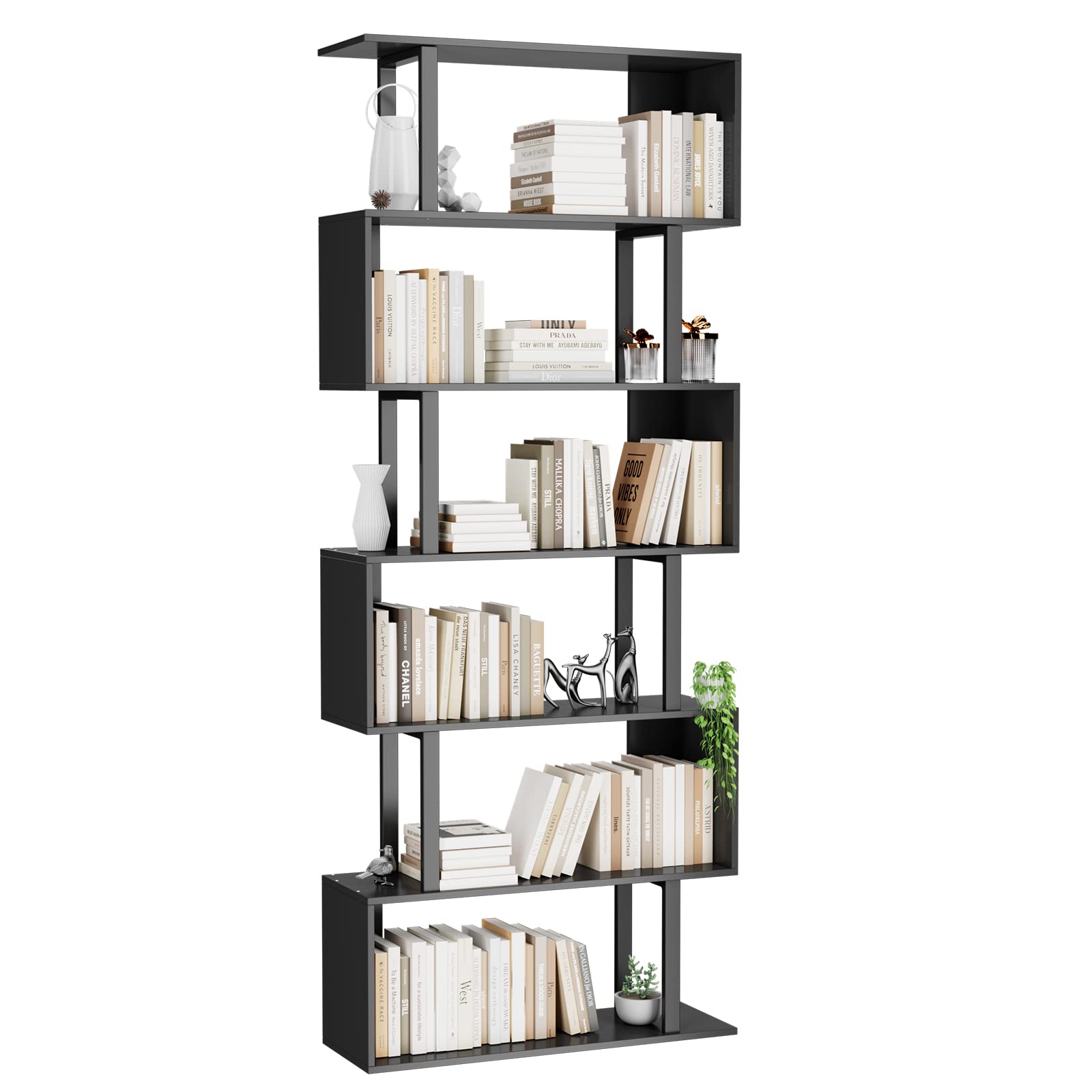 Gadroad 6-Tier Geometric Bookcase - Modern Black Wooden Bookshelf for Bedroom, Living Room & Home Office - Space-Saving Corner Storage Shelf for Books, Decor & Organizing Small Spaces