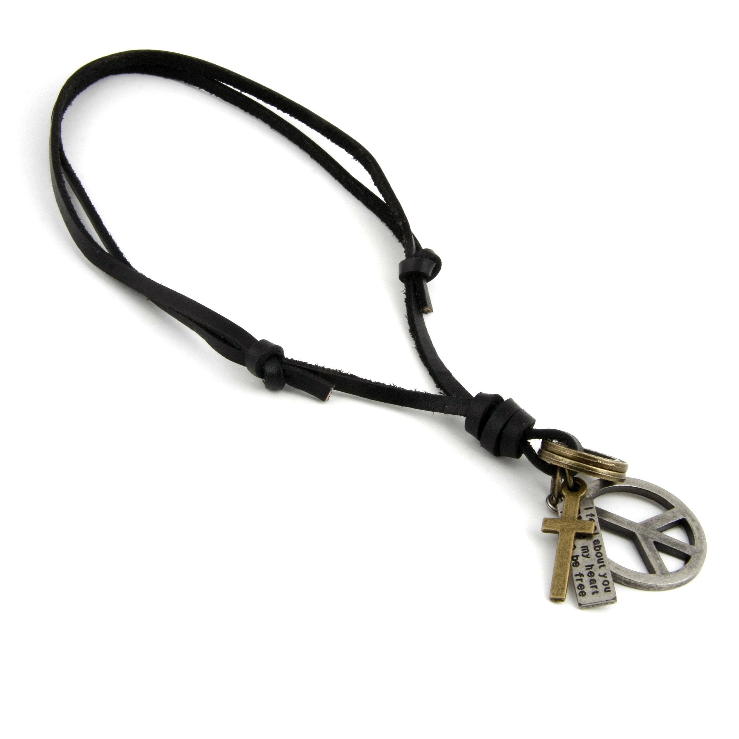 JewelryVolt Adjustable Leather Necklace with Peace Sign & Cross Charm Pendant - Stylish Bohemian Layering Necklace for Women, Gift for Her, Everyday Wear & Special Occasions