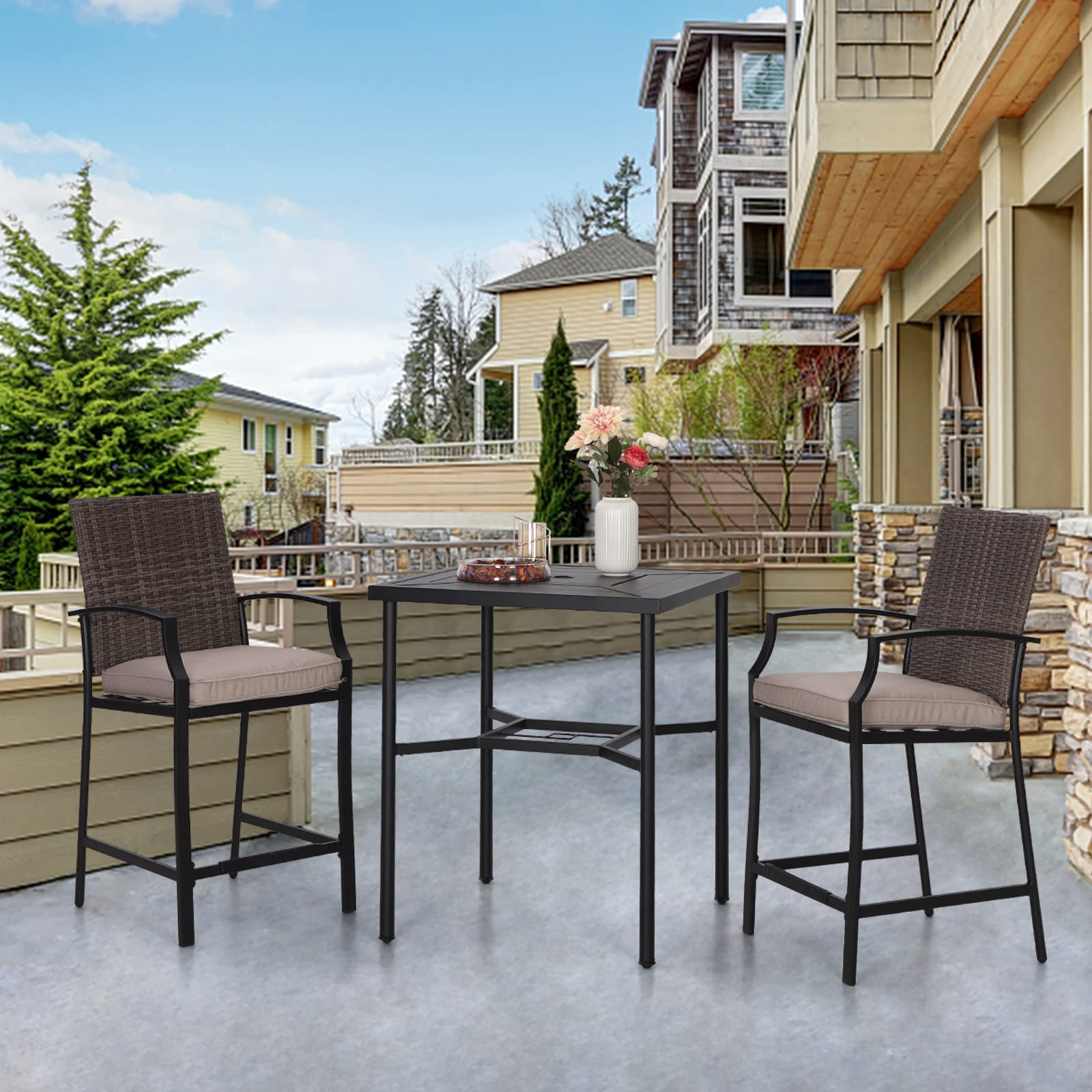 PHI VILLA 38 Inch Outdoor Bar Table - Square Metal Patio Bistro Dining Table with Umbrella Hole - Perfect for Lawn, Garden, Backyard, Poolside & Outdoor Entertaining