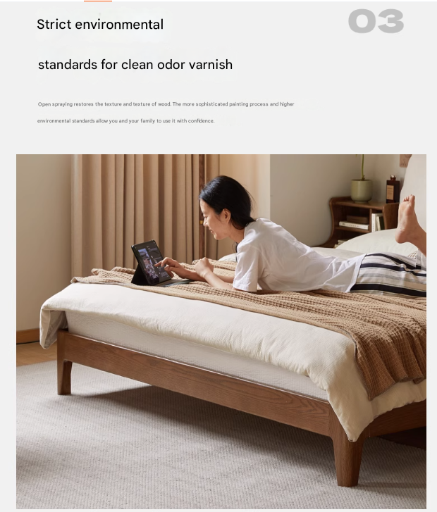Solid Oak Wood Bed Frame with Soft Fabric Upholstered Headboard - Queen Size, Modern Minimalist Design for Bedroom, Guest Room, or Dorm
