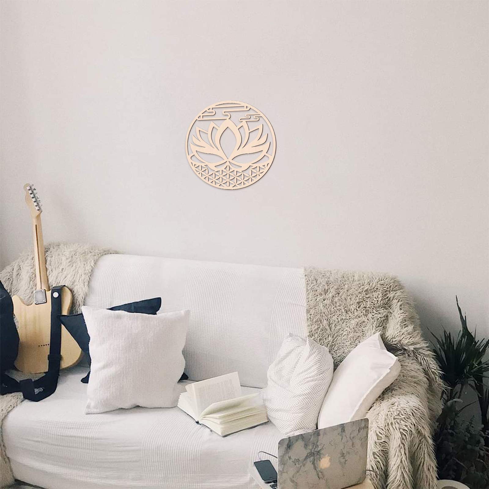GLOBLELAND 12 Inch Lotus Wall Art - Handcrafted Wooden Crystal Grid Sacred Geometry Decor | Laser Cut Wood Sculpture for Wall Hanging | Perfect for Meditation Rooms, Yoga Studios & Spiritual Home Decor