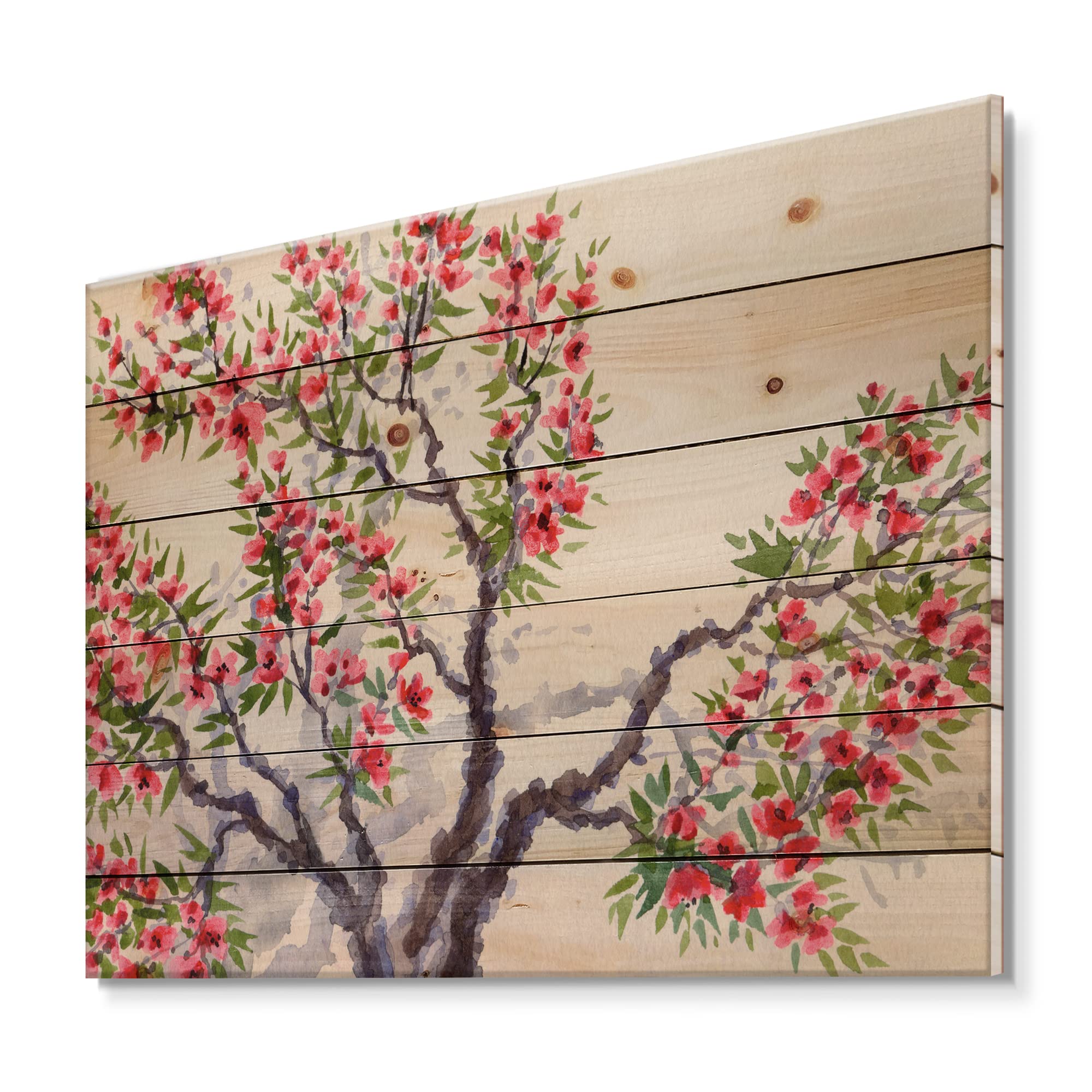 Traditional Red Blossoming Tree Floral Wood Wall Art - Large Pine Wood Wall Decor Panel for Living Room, Bedroom & Office Decoration