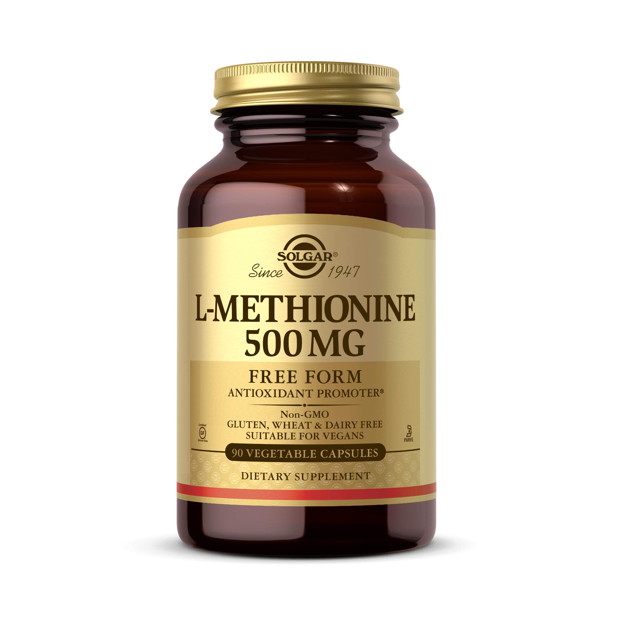 Solgar L-Methionine 500mg - Vegan Gluten-Free Antioxidant Supplement for Fat Metabolism Support | 90 Vegetable Capsules | Dairy-Free & Kosher Certified | Ideal for Active Lifestyles & Detox Support