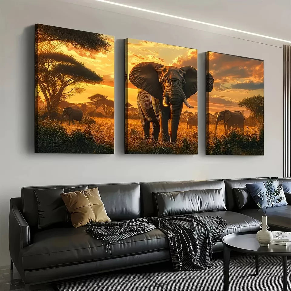 3-Piece Elephant Wall Art Set - Grassland Sunset Scenery Canvas Prints 50x70cm (20x28in) | High Quality Framed Wall Decor | Australian Made | Ready to Hang | Perfect for Living Room, Bedroom & Office Decor