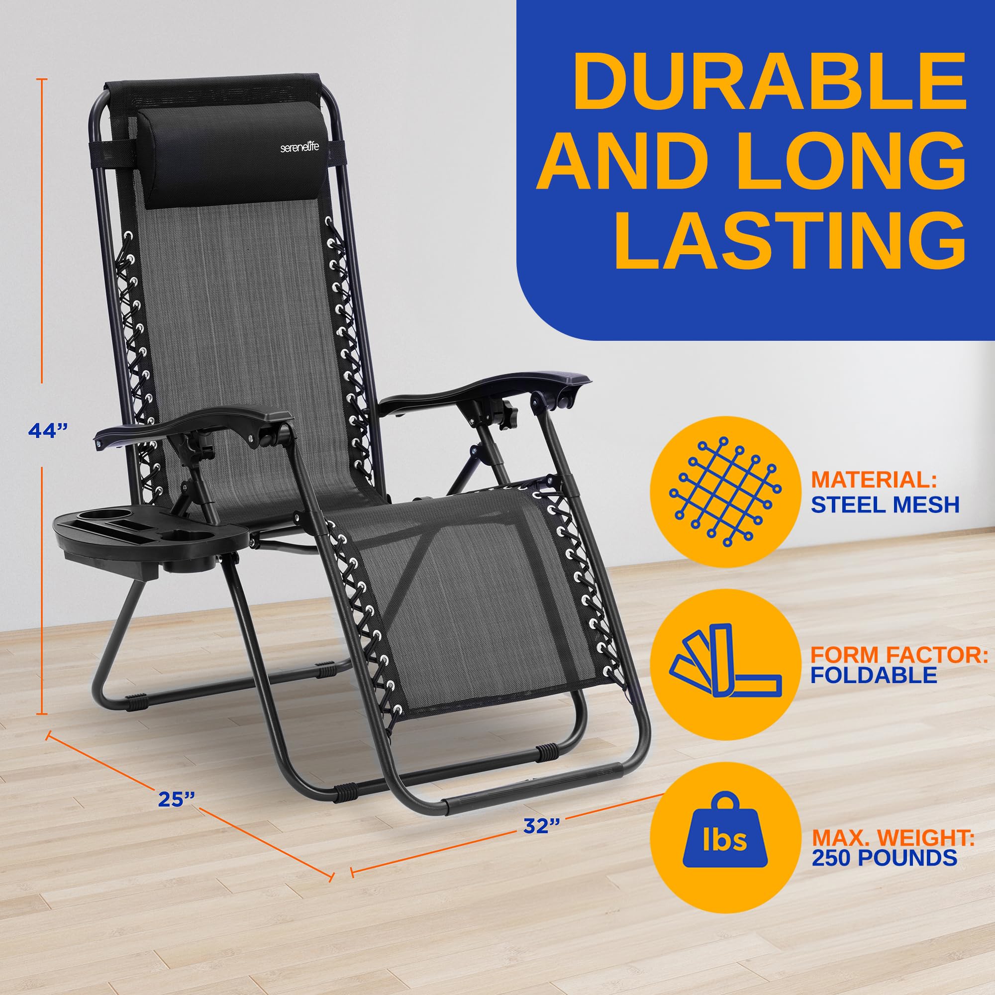 SereneLife Zero Gravity Chairs Set of 2 - Adjustable Steel Mesh Outdoor Lounge Chairs with Detachable Cup Holder & Pillows - Foldable Patio Furniture for Backyard, Poolside, Beach & Camping - Comfortable Relaxation Chairs for Adults