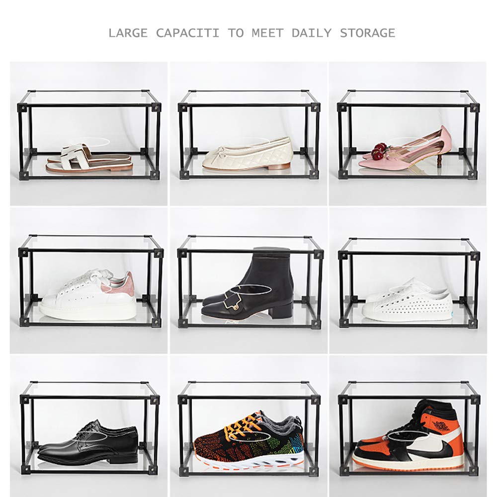 Clear Plastic Shoe Storage Box Organizer - 16-Piece Set with Magnetic Side Opening (Black) | Perfect for Closet Organization, Sneaker Display, and Home Storage Solutions